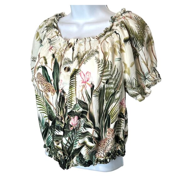 H&M Women's Size 10 Blouse Gathered Neck, Hem Cuffs Short Sleeve Cheetah Jungle - Picture 3 of 12